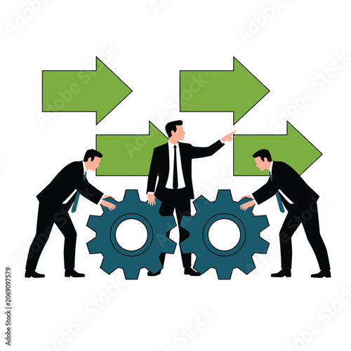 Business team working together with gears and strategy arrows, business