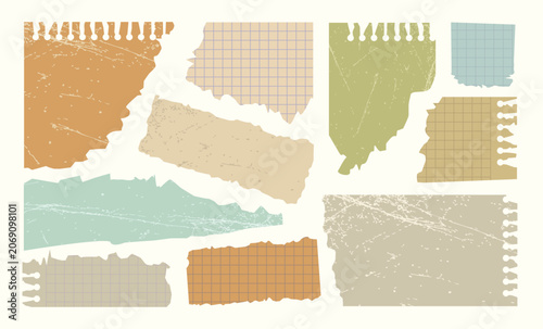 Collection of torn paper notebook pieces with grid patterns and grunge texture. Scrap paper elements in pastel colors for collage, scrapbook, journaling, stickers, and vintage design