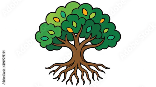 Tree with roots and green leaves.