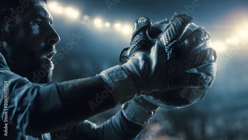 Professional Soccer Goalkeeper Catching Ball in Stadium at Night