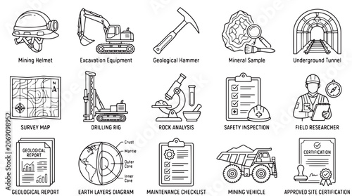 Photos Mining industry and geological survey icon set, 15 black line vector elements fo