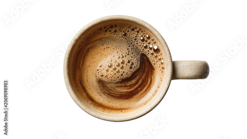 Isolated ceramic coffee mug with rich dark espresso and frothy crema, overhead view