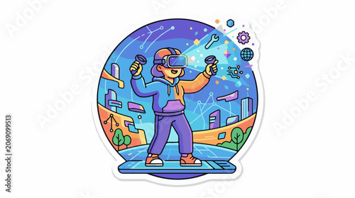 A person wearing VR headset and holding controllers stands on a blue platform with a futuristic cityscape behind