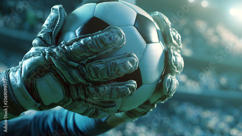 Professional Soccer Goalkeeper Hands Catching Ball in Stadium