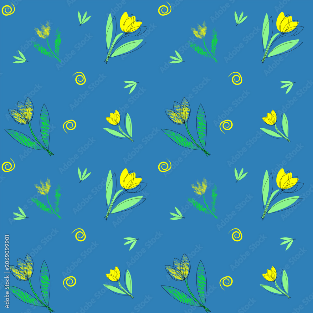 Obraz premium Seamless abstract floral pattern in doodle style, single-line outline, and offset color spot. Blue background.