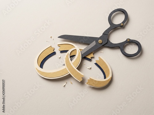 Broken Wedding Rings Divorce Concept, Paper Cut Art of Separation and Broken Relationship Symbolism