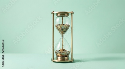 Hourglass filled with golden coins representing time is money, financial investment, and cash flow concept on mint green background