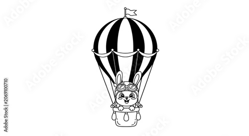 Cute Cartoon Bunny Flying in Hot Air Balloon Coloring Page