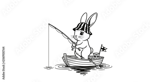 Cute Cartoon Bunny Fishing in a Small Wooden Boat Line Art