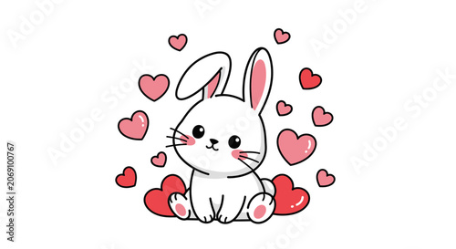 Cute Cartoon Bunny Surrounded by Pink Hearts