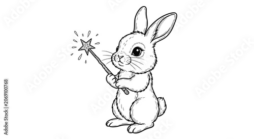 Cute Cartoon Bunny Rabbit Holding A Magic Wand Line Art