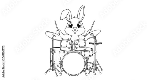 Cute Cartoon Bunny Playing Drums Coloring Page