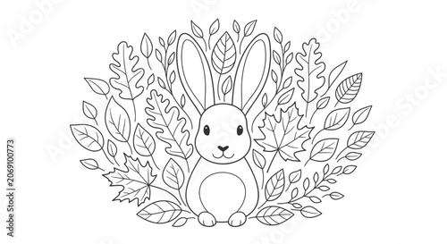 Cute Cartoon Bunny Rabbit Surrounded by Autumn Leaves Line Art