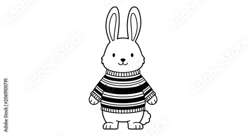 Cute Cartoon Bunny Wearing a Striped Sweater Line Art Illustration
