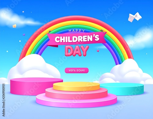 Colorful Rainbow Greeting Displaying Happy Childrens Day Above Pastel Podium in Cloudy Blue Sky Scene