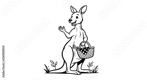 Cute Cartoon Kangaroo Holding a Picnic Basket Outline
