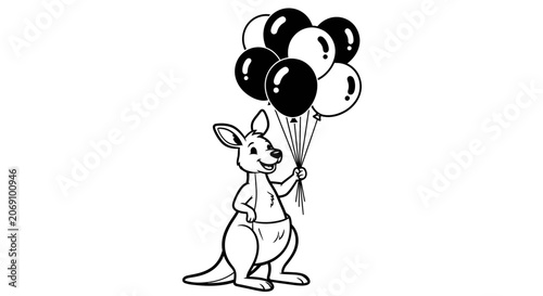Cute Cartoon Kangaroo Holding Balloons Line Art