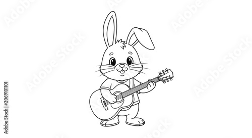 Cute Cartoon Rabbit Playing Acoustic Guitar Coloring Page