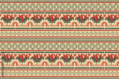 Seamless ethnic floral border pattern with traditional folk motifs, ornamental textile design in vintage colors.