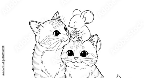Cute Cat and Mouse Friends Outline Illustration
