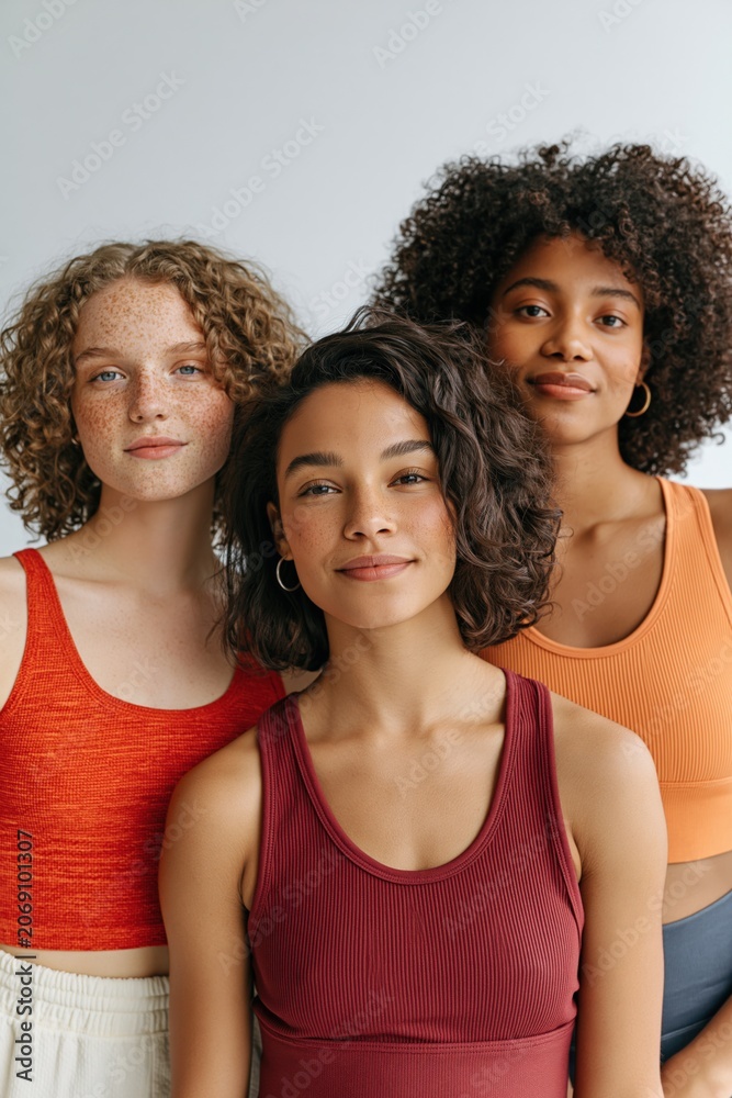 Obraz premium Trio portrait of three young women wearing colorful tanks for lifestyle and wellness banner or background design