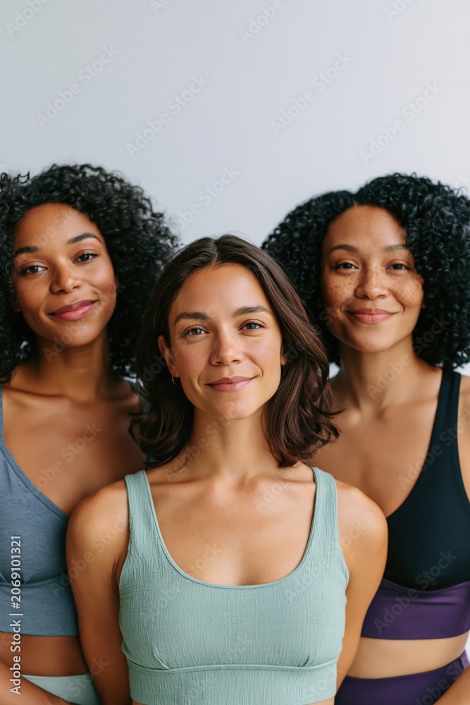 Fototapeta premium Group portrait of three diverse women in sporty tops for wellness background and lifestyle banner showing confidence and teamwork