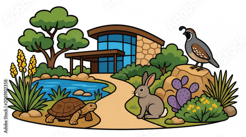 Turtle and rabbit with quail friends.