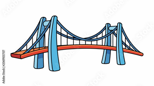 A blue suspension bridge with red road