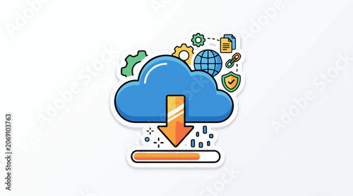 A blue cloud with an orange download arrow and various icons