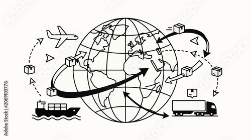 A black and white illustration of global shipping and delivery