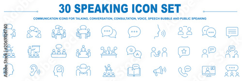 Speaking icons set. Communication icon symbols for talking, conversation, consultation, conference, voice, speech bubble and public speaking. Thin line editable stroke vector. Outline illustration