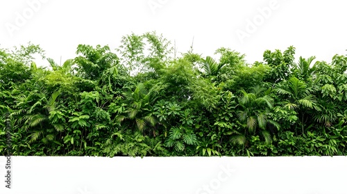 A lush, vibrant green wall of tropical plants and bamboo, creating a dense natural barrier on a white background