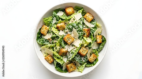 A fresh Caesar salad with crispy croutons and shaved parmesan cheese, served in a white bowl