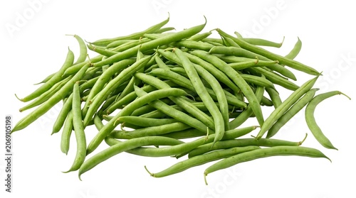A pile of fresh green beans lies on a white background