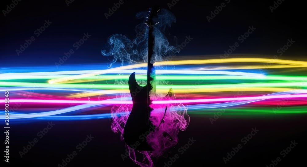 Obraz premium A sleek electric guitar silhouette merges into a vibrant canvas of blurred neon lights and soft smoke trails in a modern artistic style, artistic, performance, sound