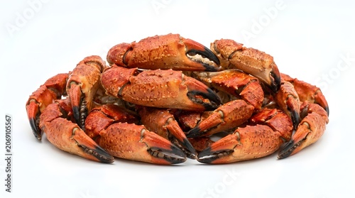 A pile of cooked crab claws, a delicious seafood delicacy, ready to be enjoyed. The crabs are a vibrant orange-red color, with sharp pincers clearly visible