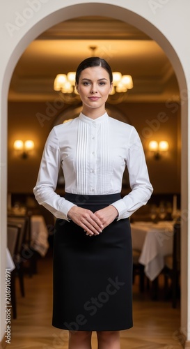 Crisp white blouse and black skirt ensemble positioned at a restaurant doorway, highlighting professional hospitality and refined service, fabric, establishment, formal