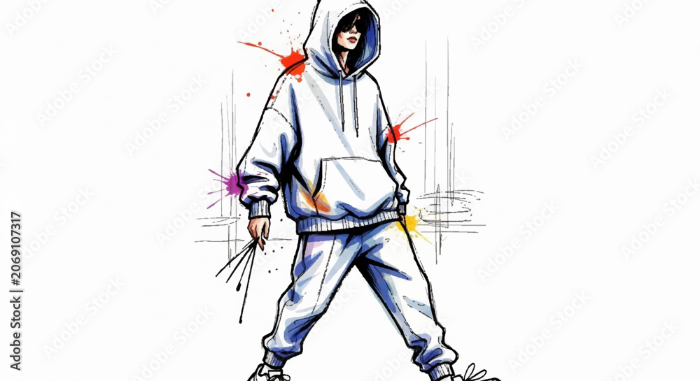 Fototapeta premium Urban Artist in Hoodie and Sweatpants with Paint Splatter