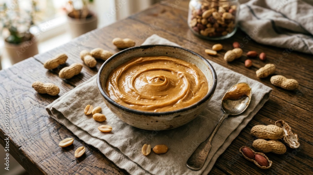 Fototapeta premium Creamy Peanut Butter in a Bowl with Peanuts on a Wooden Table.