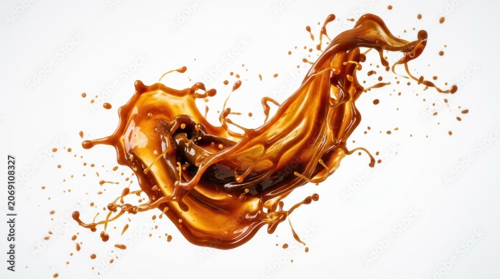 Fototapeta premium Dynamic Coffee Splash Frozen in MidAir Against White Background.