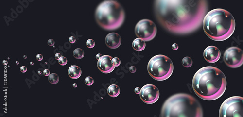 Background with soap bubbles. Wash lather rainbow colors. Realistic transparent flying 3D spheres. Foam motion with blurred balls. Laundry froth. Suds blow. Vector composition of purity