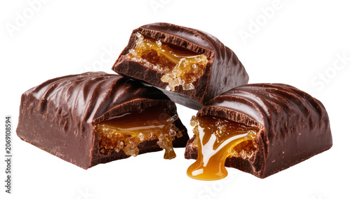 Canvas Print Isolated three rich dark chocolate candy bars with sweet flowing caramel and sug