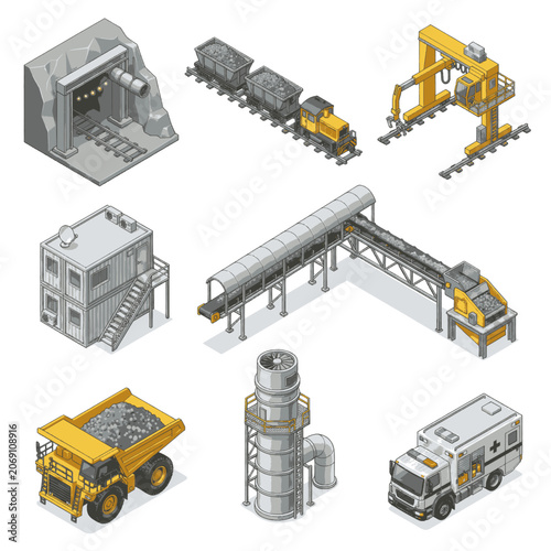 Quadro su tela Isometric industrial elements including a mine entrance, coal train, conveyor belt, dump truck, and factory building