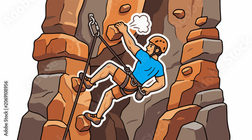 A man wearing a blue shirt and an orange helmet climbing a rock wall