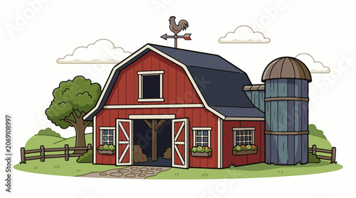 A red barn with a silo, weather vane, and fence