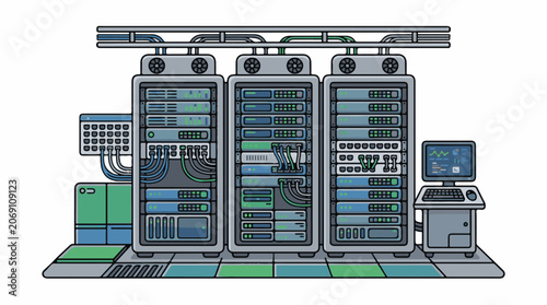 A server room with three large servers and a computer