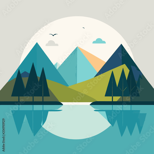 A serene mountain landscape with a lake, trees, and a sun behind the mountains
