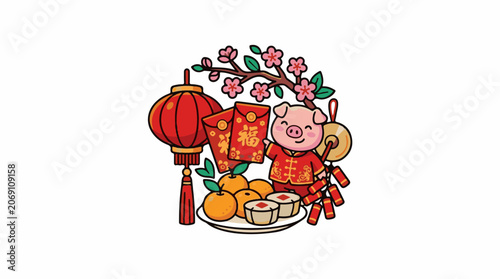 A smiling cartoon pig in a red and gold outfit holding a drum, surrounded by a lantern, oranges, and pastries