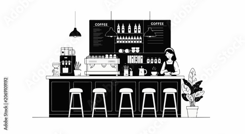 A simple black and white drawing of a coffee shop interior with a barista