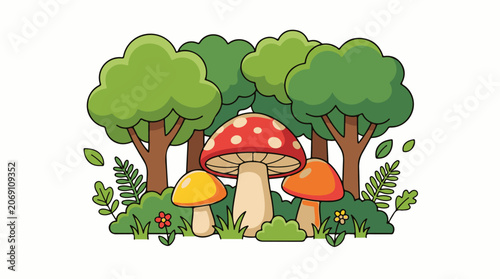 A whimsical forest scene with mushrooms and trees